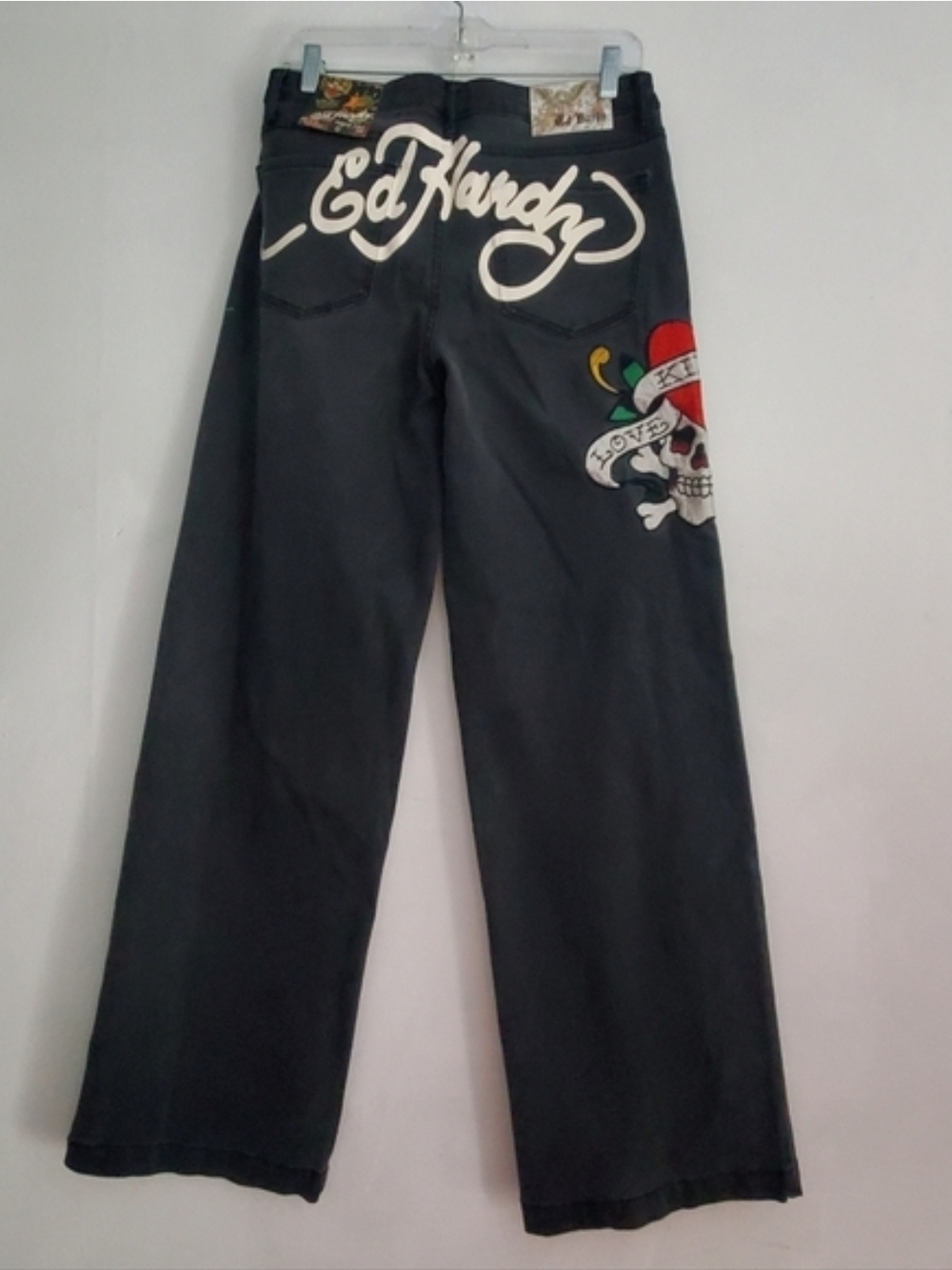 Ed Hardy Jeans Unisex 34  Black Wide Leg Embroidered Skull Cross Bones NEW NWT